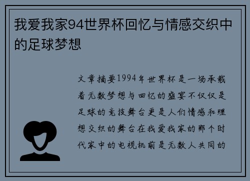 我爱我家94世界杯回忆与情感交织中的足球梦想